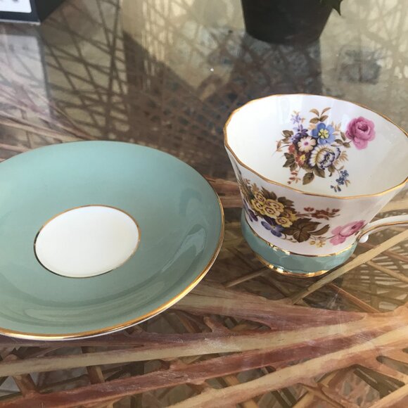 AYNSLEY RARE TEA CUP & SAUCER TEAL COLOR GOLD RIM - Picture 4 of 8